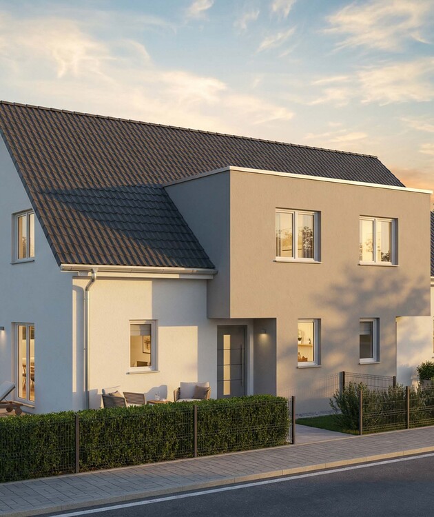 Doppelhaus DH-120 mit überdachtem Hauseingang und unverwechselbarem Erscheinungsbild