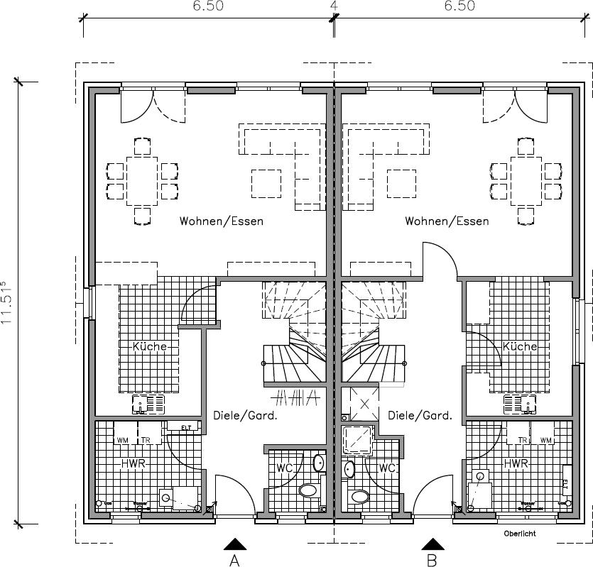 Doppelhaus Grundriss Erdgeschoss mit 62,02 m² Grundfläche im Haus A